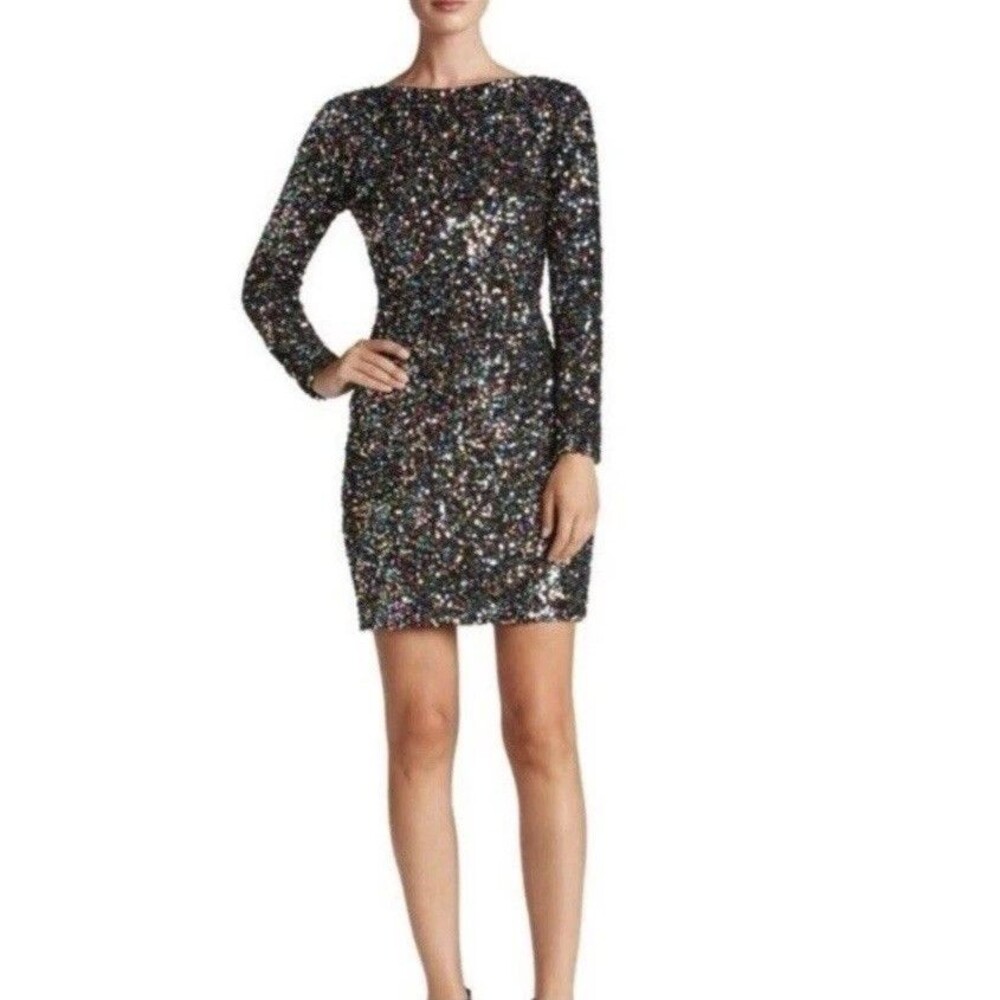 Dress The Population Sequin Cocktail Mini Dress S Black Long Sleeve Made USA
